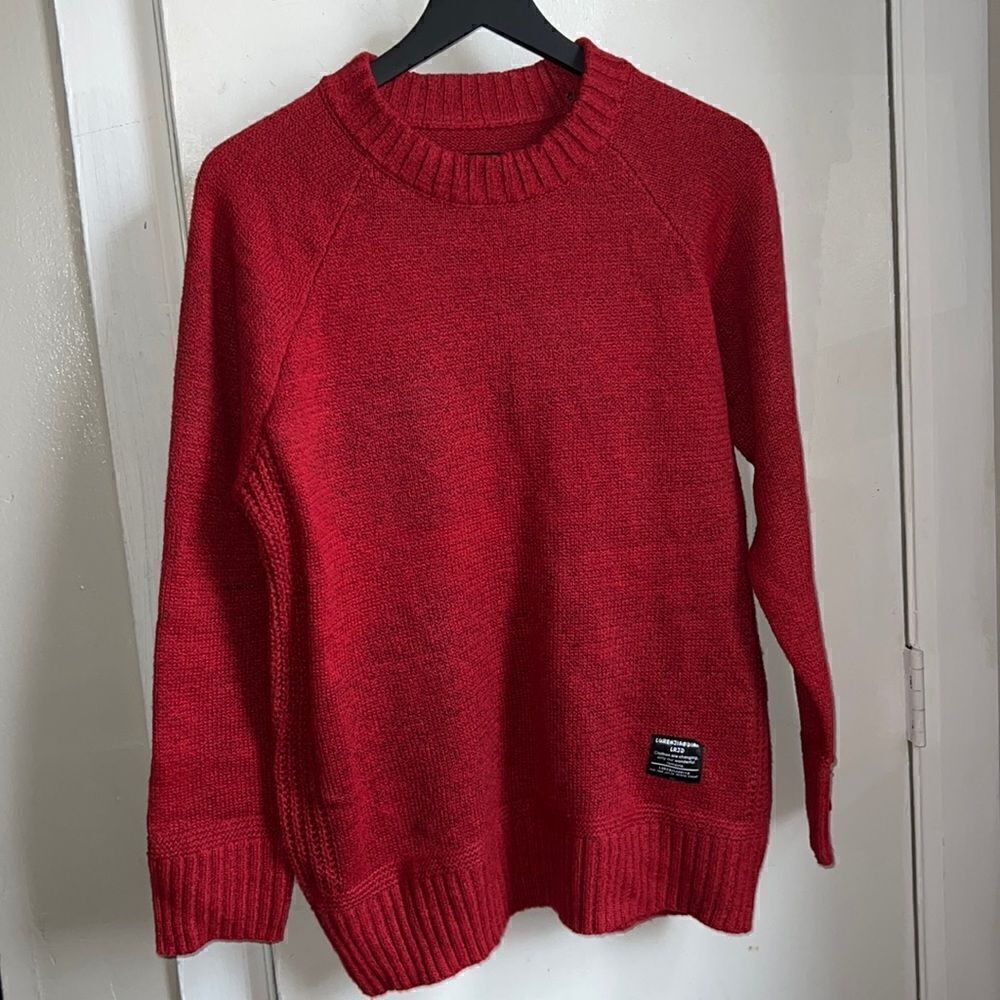 LRJD LU REN JIAO DIAN Red Knit Sweater with Corduroy Elbow Patches-L